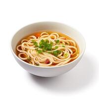 AI generated noodle soup closeup isolated on plain background photo