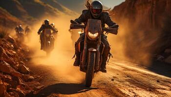 ai generado hombres montando motos en un extremo Deportes carrera, disfrutando el aventuras generado por ai foto