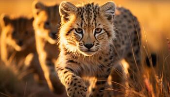 ai generado leopardo caminando en el desierto, curioso a puesta de sol natural belleza generado por ai foto