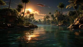 AI generated A tranquil dusk, palm trees reflecting in the tropical water generated by AI photo