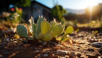 AI generated Green succulent plant thrives in arid climate, basking under sunlight generated by AI photo