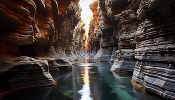 AI generated Majestic rock formations reflect ancient history in tranquil flowing water generated by AI photo