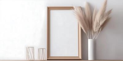 AI generated Mock up poster frame, vase with dry grass in vase on wooden shelf and white wall background. Generative AI photo