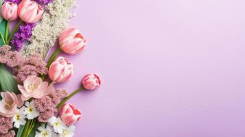 AI generated Pretty spring flowers on pastel background with copy space for your design. Springtime holidays and spring background concept photo