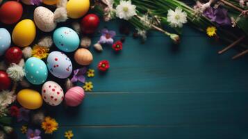 AI generated Easter background with Easter painted eggs and spring flowers on plain background. Top view with copy space. photo