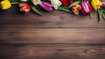 AI generated Pretty spring flowers tulips on wooden background with copy space for your design. Spring background concept photo