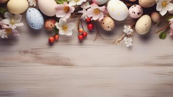 AI generated Easter background with Easter painted eggs and spring flowers on rustic wooden background. Top view with copy space. photo