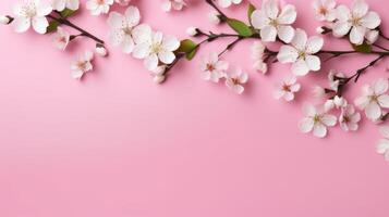 AI generated Pretty spring blossom flowers on pink background with copy space for your design. Spring background concept photo