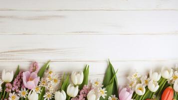 ai generado bonito primavera flores en blanco de madera antecedentes con Copiar espacio para tu diseño. primavera antecedentes concepto foto