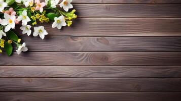 AI generated Pretty spring flowers on wooden background with copy space for your design. Spring background concept photo