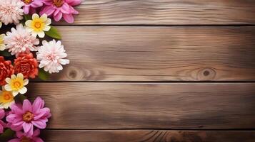 AI generated Pretty spring flowers on wooden background with copy space for your design. Spring background concept photo