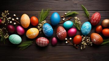 AI generated Easter background with Easter painted eggs on rustic wooden background. photo