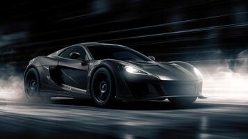 AI generated A sleek black sports car speeds through a dark, dramatic environment, its aerodynamic design illuminated by headlights and surrounded by swirling mist photo