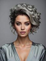 ai generado un mujer con plata cabello, vistiendo un sedoso prenda, su voluminoso, ondulado plata pelo es estilizado esmeradamente, y el ligero gris sedoso atuendo tiene un profundo escote foto