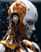 AI generated A primarily orange and white robot with intricate mechanical details photo
