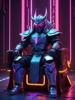 ai generado un futurista blindado guerrero con brillante elementos, sentado en un trono rodeado por neón luces foto