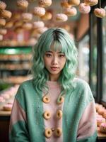 AI generated A girl with green hair, standing in front of shelves filled with various types of donuts and have donuts arranged as buttons on their cardigan photo