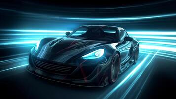 AI generated A sleek, black sports car surrounded by dynamic blue light streaks, High speed black sports car - street racer concept, generic and brandless photo