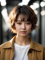 AI generated Beautiful Girl wearing a white shirt and a yellow jacket photo