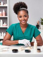 AI generated Black Girl wearing green outfit preparing skincare products on a table photo