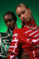 AI generated Two models wearing stylish attire against a vibrant green backdrop, They appear to be posing for a fashion or style-related photo shoot given the dramatic lighting and stylish clothing