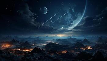 AI generated Night mountain peak, galaxy astronomy, planet in space, nature starry moonlight generated by AI photo