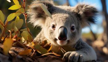 AI generated Cute koala sitting on branch, looking at camera in nature generated by AI photo