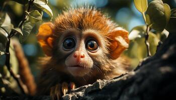 AI generated Cute mammal sitting on branch, looking at camera, fluffy fur generated by AI photo