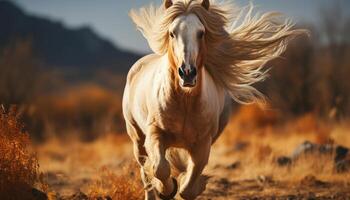 AI generated Running stallion in a meadow, enjoying the freedom of nature generated by AI photo