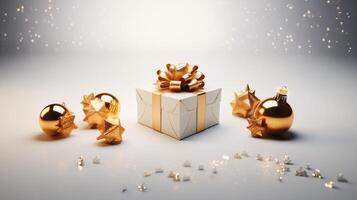 AI generated White gift with gold ribbon and Christmas ball decoration for background photo