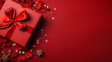 AI generated Copy space of red gift background flat lay or high angle shot photo