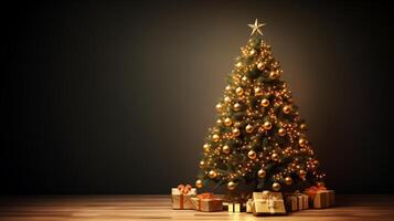 AI generated Copy space of Christmas tree and ball decoration on the table with dark background for wallpaper photo