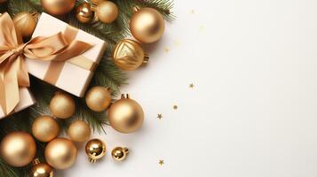 AI generated Copy space of white gift golden ribbon and christmas ball with white background flat lay or high angle shot photo