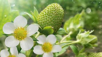 banner with a blooming strawberry and green berry on bush in the sun. spring planting, not ripe strawberry photo