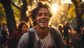 ai generado sonriente hombres disfrutar naturaleza, la risa y amistad en el al aire libre generado por ai foto