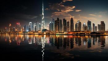 ai generado noche horizonte refleja en agua, esclarecedor moderno ciudad arquitectura generado por ai foto
