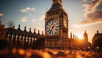 AI generated Gothic clock tower illuminates historic city skyline at twilight generated by AI photo