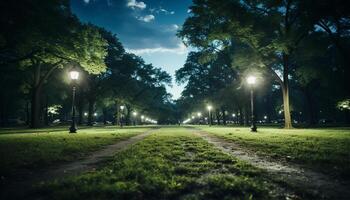 AI generated A tranquil meadow illuminated by the sunset, surrounded by trees generated by AI photo