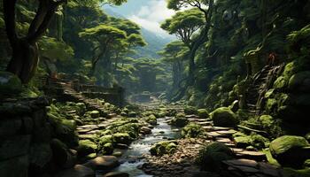 AI generated Tranquil scene of a tropical rainforest, with flowing water and mountains generated by AI photo
