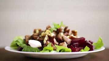 sallad med kokt rödbetor, friterad aubergine, örter och arugula i en tallrik video