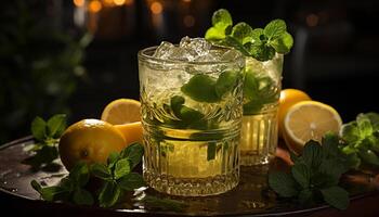 AI generated Refreshing mojito cocktail with mint leaf and citrus fruit slice generated by AI photo