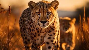 AI generated Cheetah walking in the savannah, majestic beauty in nature generated by AI photo