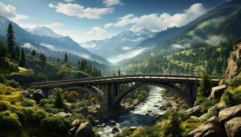 AI generated Mountain range, forest, bridge, man made structure, water, sky, grass, tree, sunset generated by AI photo
