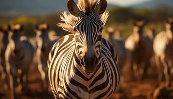 AI generated Zebra herd grazing on the savannah, nature striped beauty generated by AI photo