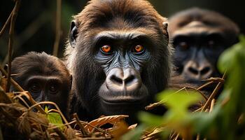 AI generated Cute young monkey sitting in the green forest, staring at camera generated by AI photo