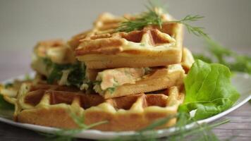 Homemade fried vegetable waffles with herbs inside video