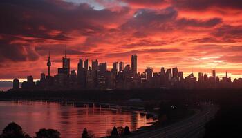 AI generated Cityscape at dusk, skyscrapers silhouette against the illuminated sunset reflection generated by AI photo