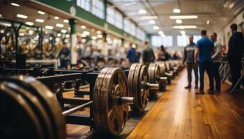 ai generado hombres y mujer trabajando fuera en un gimnasio con pesos generado por ai foto