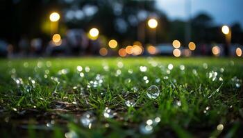 AI generated Green grass in the meadow, illuminated by night generated by AI photo