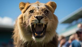 AI generated Majestic lioness roaring, fierce and powerful in savannah generated by AI photo